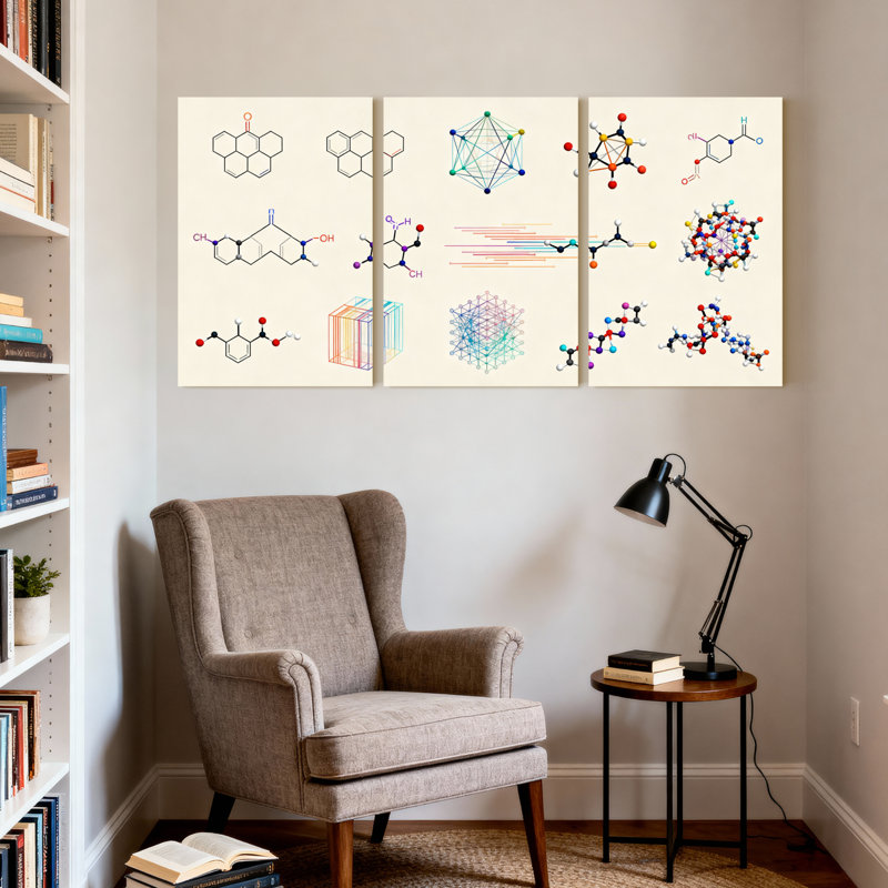 Ensemble de 3 tableaux sur toile représentant la structure moléculaire, la chimie et les sciences, H 24 po x l 48 po