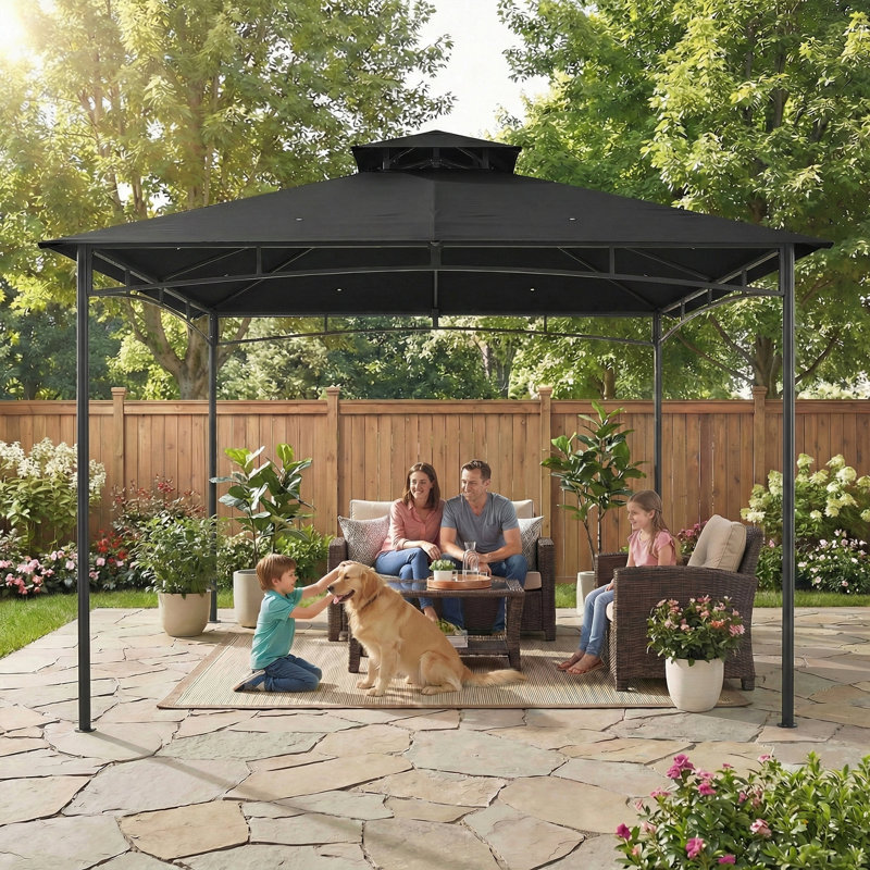 Pavillon de jardin 10 pi x 10 pi à toit souple avec toit à 2 niveaux, noir, Noir
