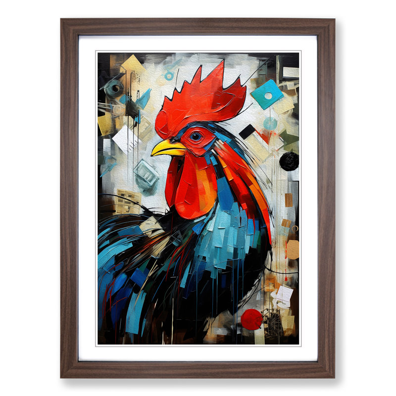 Rooster Dadaism No.3 - Single Picture Frame Print on Wood, 64cm H x 46cm W x 2cm D, Walnut