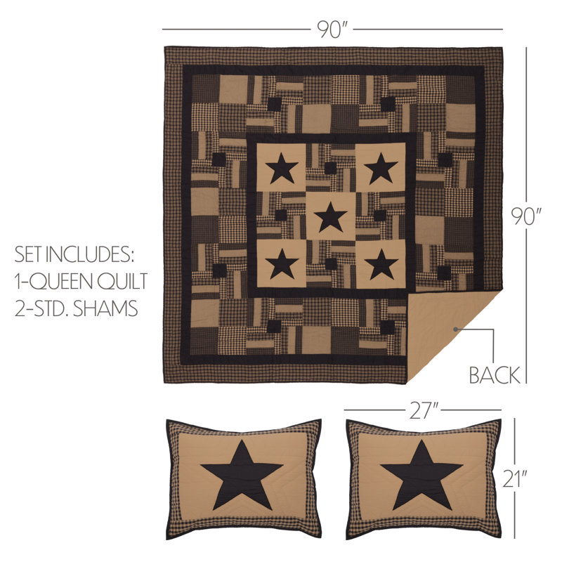 Star American Traditional Cotton Patchwork Quilt, Queen Quilt + 2 Shams