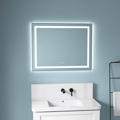 Miroir de meuble-lavabo à fixation murale 36 po x 28 po en aluminium avec 3 couleurs, brouillard, gradation continue, mémoire, frêne, brouillard