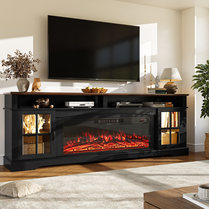 Meuble télé avec foyer 80 po, meuble télé avec tablettes réglables et portes en verre, console de télévision avec trous pour câbles