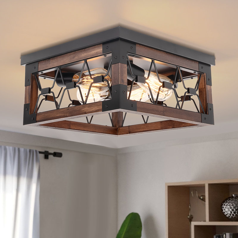 Lorang 4-light Metal Wood Frame Caged Unique Flush Mount Ceiling Light Fixture