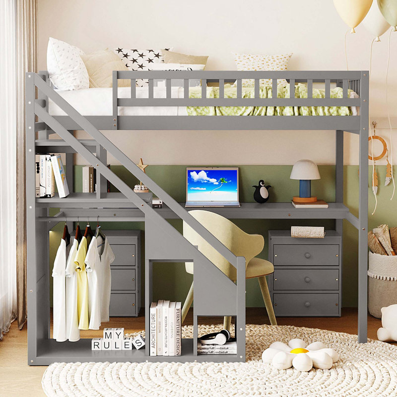 Lit mezzanine avec deux commodes de rangement, bureau et bande lumineuse, Twin, Grey