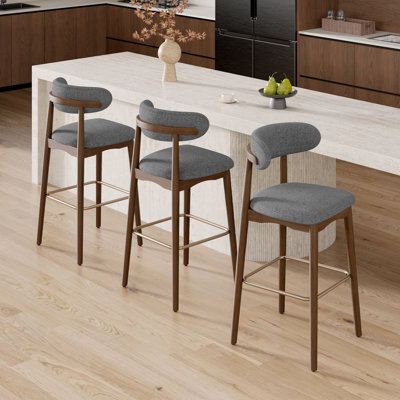 Modern Upholstered Counter Height Bar Stool With Back, Non-swivel, Solid Rubberwood Legs And Bronze Metal Footrest