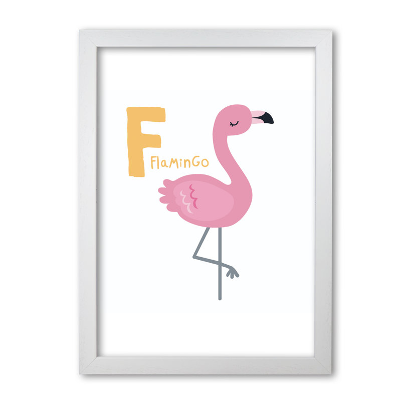 Alphabet Animals, F Is For Flamingo - Print, 42 cm H x 30 cm W x 5 cm D, White Grain Frame