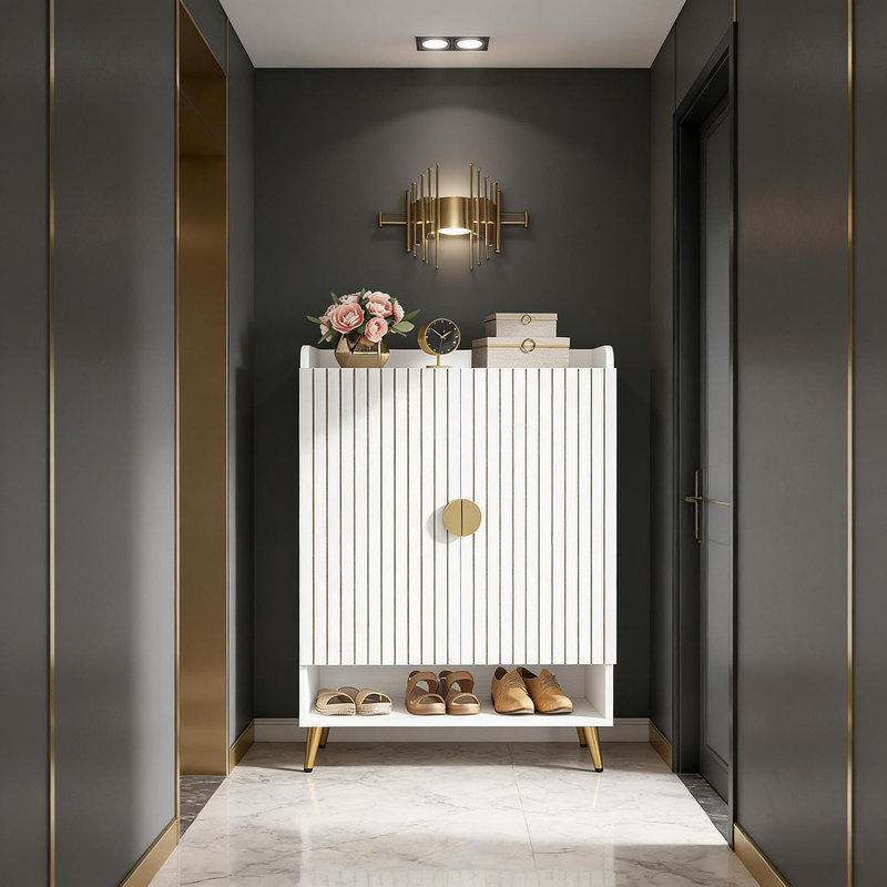 Rangement pour chaussures spacieux, armoire à chaussures de style moderne, Blanc / Doré