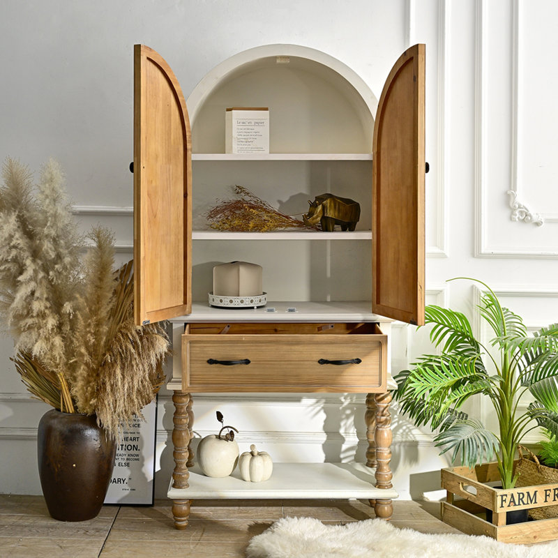 Buffet d'appoint de 80 cm (31,5 pouces) avec porte cintrée ornée de fleurs sculptées, 1 tiroir et une étagère, meuble en bois pour cuisine, salle à manger, salon