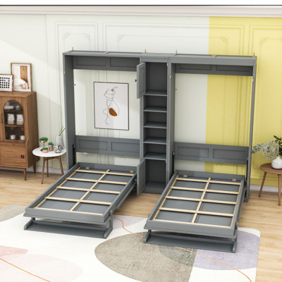 Lits simples escamotables en bois avec armoires et tablettes