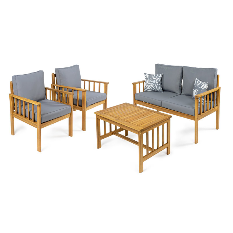Ensemble de conversation d'extérieur 4 pièces en bois d'acacia brun Evergl, Gris