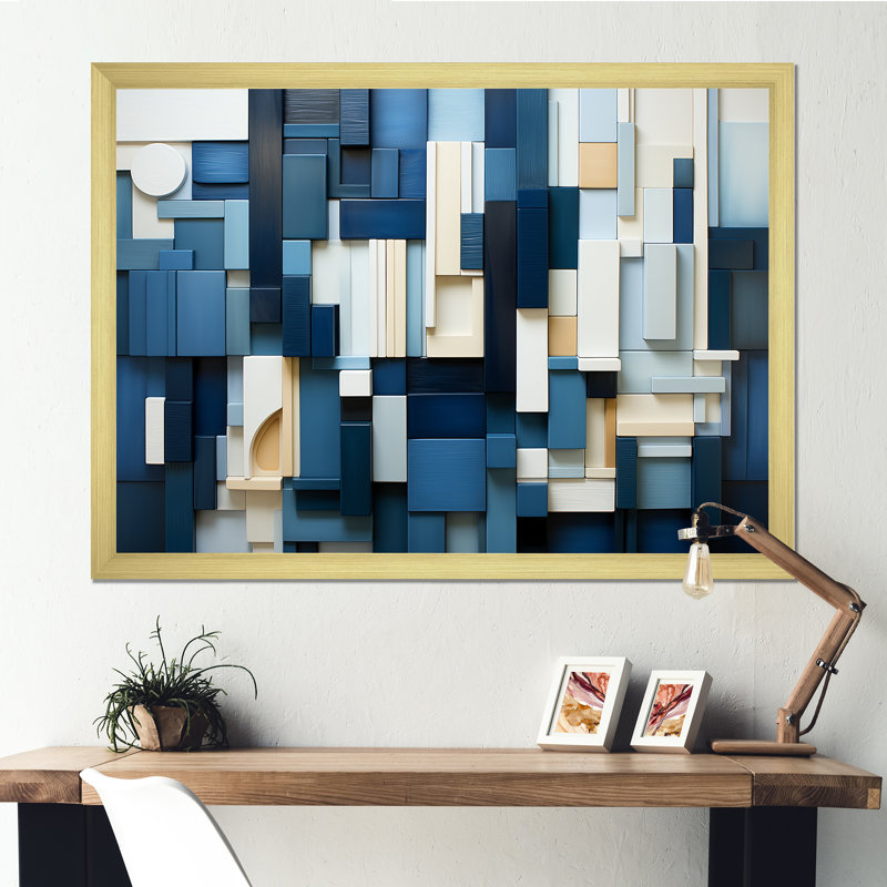 «Blue Behemoths Modern Skycrapers - Skyscrapers», art mural, Cadre doré simple, H 16 po x l 32 po x P 1 po