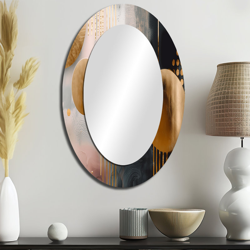 Cercles métalliques sur marbre Energy III - Grand miroir mural ovale sur métal, 36 po x 24 po
