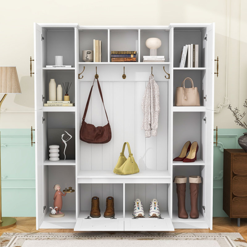 Elegant Rustic Hall Tree with Seating, Adjustable Storage Shelves and Hooks, White