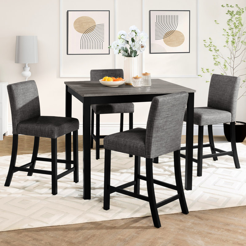 Table et chaises à hauteur de comptoir pour 4 personnes, gris et noir, bois d'hévéa contreplaqué, sièges confortables, salle à manger moderne noire à deux tons, matériaux, concept