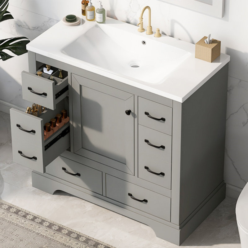 Meuble-lavabo 36 po avec lavabo 36 po, 6 tiroirs, diviseur de tiroir multifonctionnel, tablette réglable, Gris