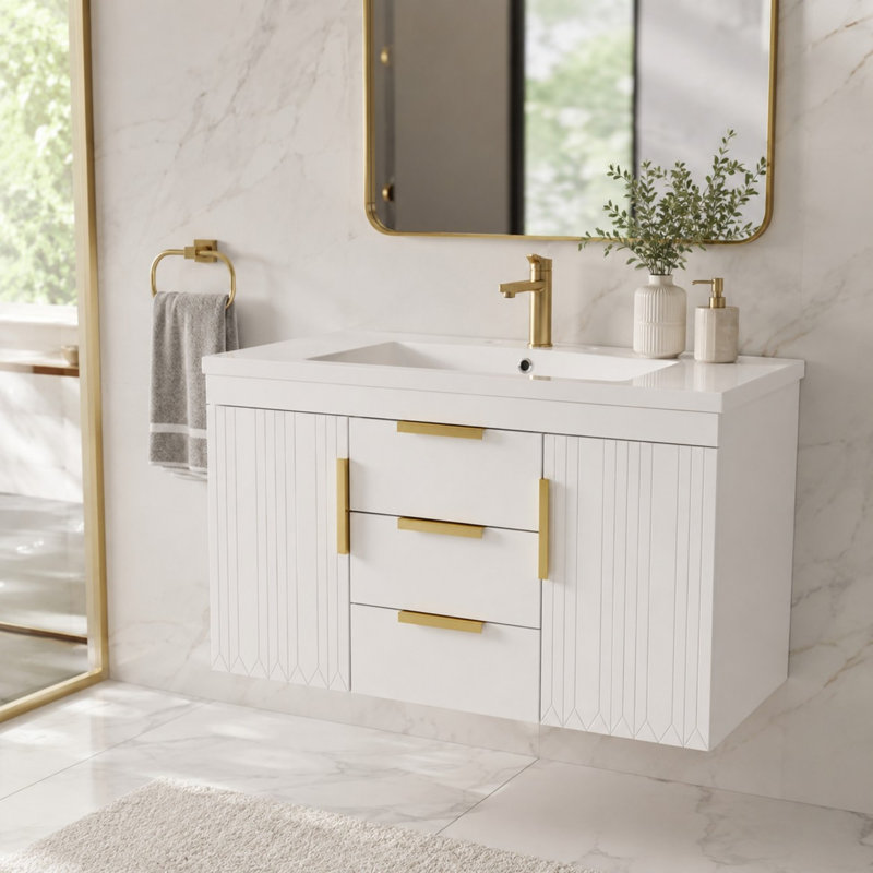 Meuble-lavabo moderne de 36 pouces: armoire de rangement murale en bois massif à 2 tiroirs, Blanc