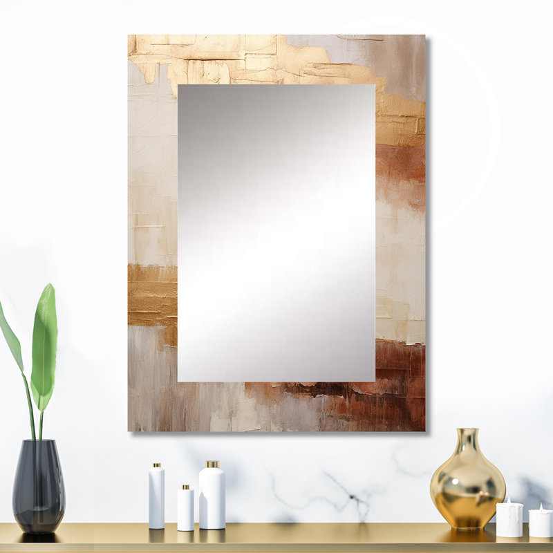 Miroir mural unique en métal abstrait doré et beige abstrait, 32 po x 24 po