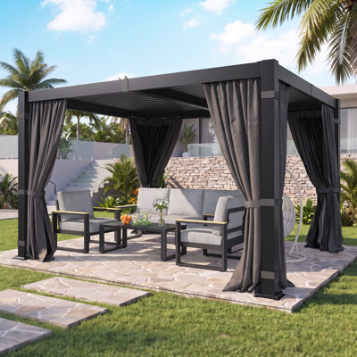 Aluminum 10' x 12' Pergola with Curtains & Netting, Outdoor Pergola with Adjustable Louvers & Hidden Drainage, Heavy-Duty Metal Louvered Pergola for Backyard, Poolside, Dark Gray
