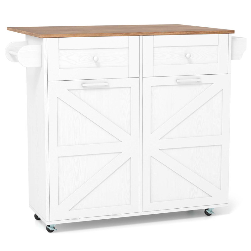 Rolling Kitchen Island Kitchen Island Cart With Drop Leaf Trash Can Cabinet, White