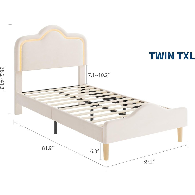 Cadre de lit simple à DEL de taille très grande avec tête de lit réglable, lit plateforme en velours princesse pour enfants, lit lumineux à DEL avec lattes en bois et pied de lit, aucun sommier nécessaire