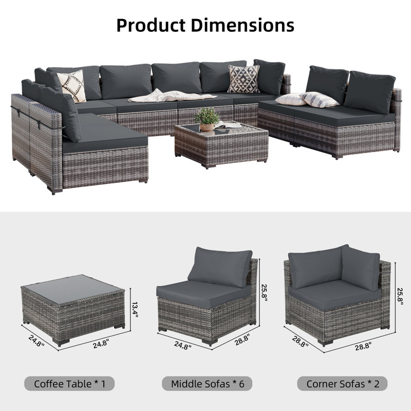 Ensemble de conversation modulaire en rotin 9 pièces avec coussins Cinde, Gris foncé