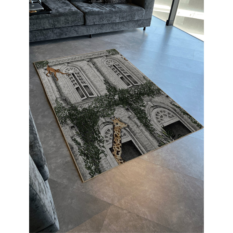 Zoo-Themed Monkey and Giraffe Patterned Modern Decorative Rug, Rectangle 4'7" x 6'6"