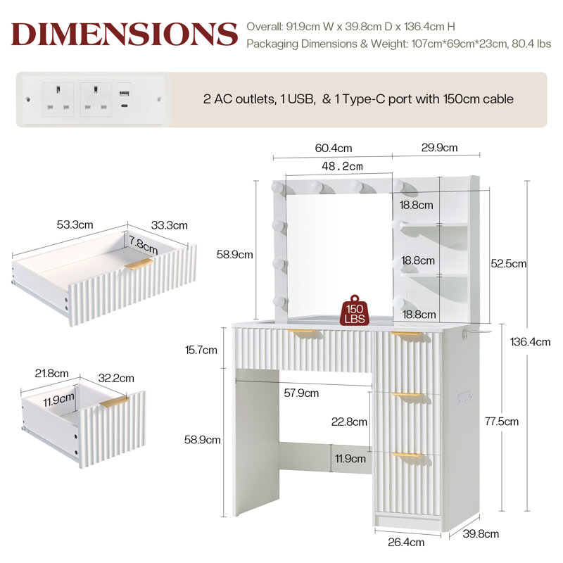 Modern Dressing Table with 3-Colour LED Mirror, Built-In Power Outlet & Storage, White