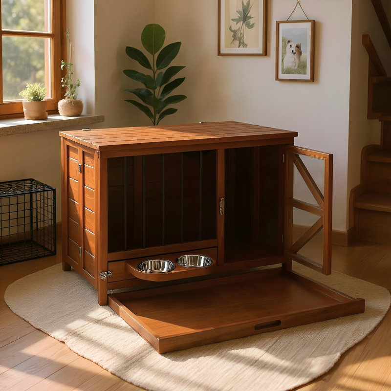 Mobilier de caisse pour chien en bois massif 33 po, chenil d'intérieur pliable avec mangeoire rotative à 360 °, table de bout multifonctionnelle pour petits et moyens chiens, cage pour animaux portable avec plateau amovible et assemblage facile
