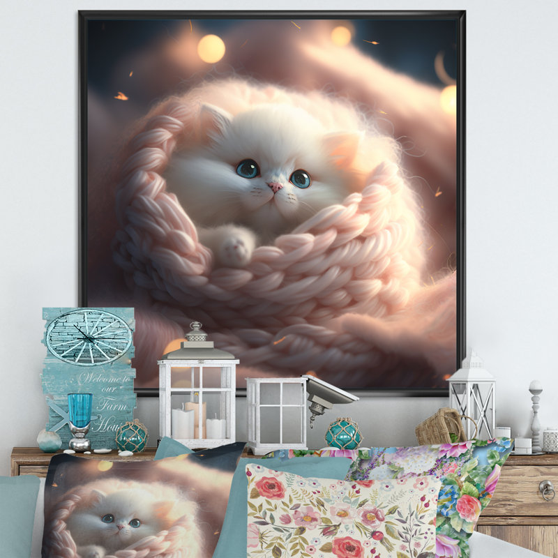 Mignon petit chaton blanc dans un nid tricoté - animaux, art mural sur toile, L 36 po x H 36 po