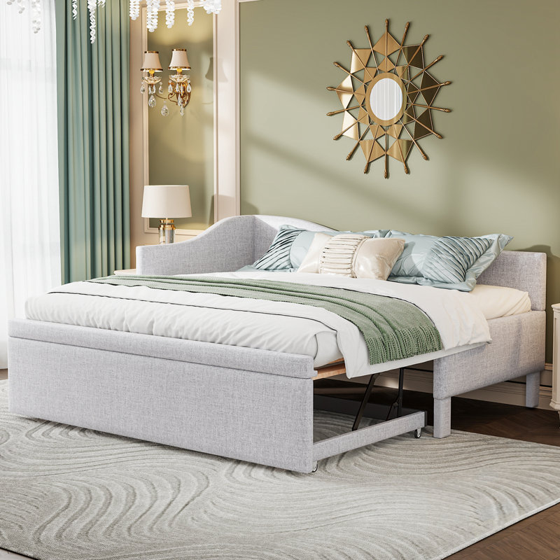 Lit de jour simple en L rembourré en forme de L avec lit gigogne, Beige