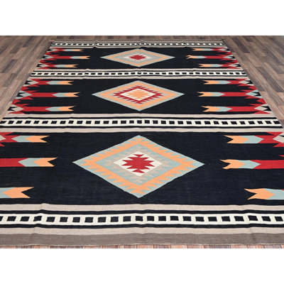 Tapis oriental tissé à la main 8 pi 4 po x 10 pi 3 po noir minuit tissé à la main, motif géométrique South American Indian Southwest