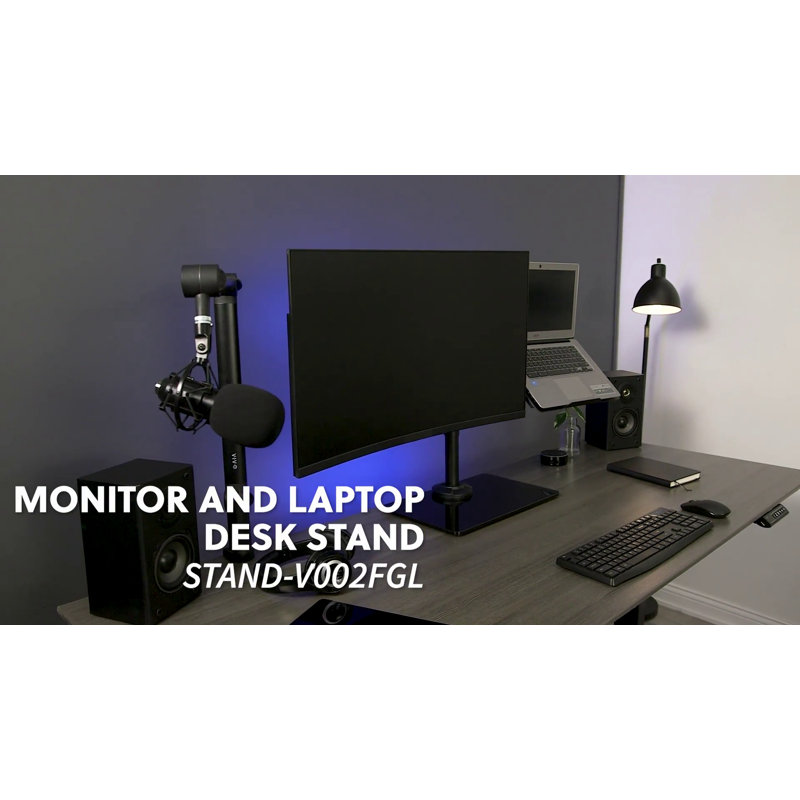 Black Steel Monitor and Laptop Desk Stand with Glass Base