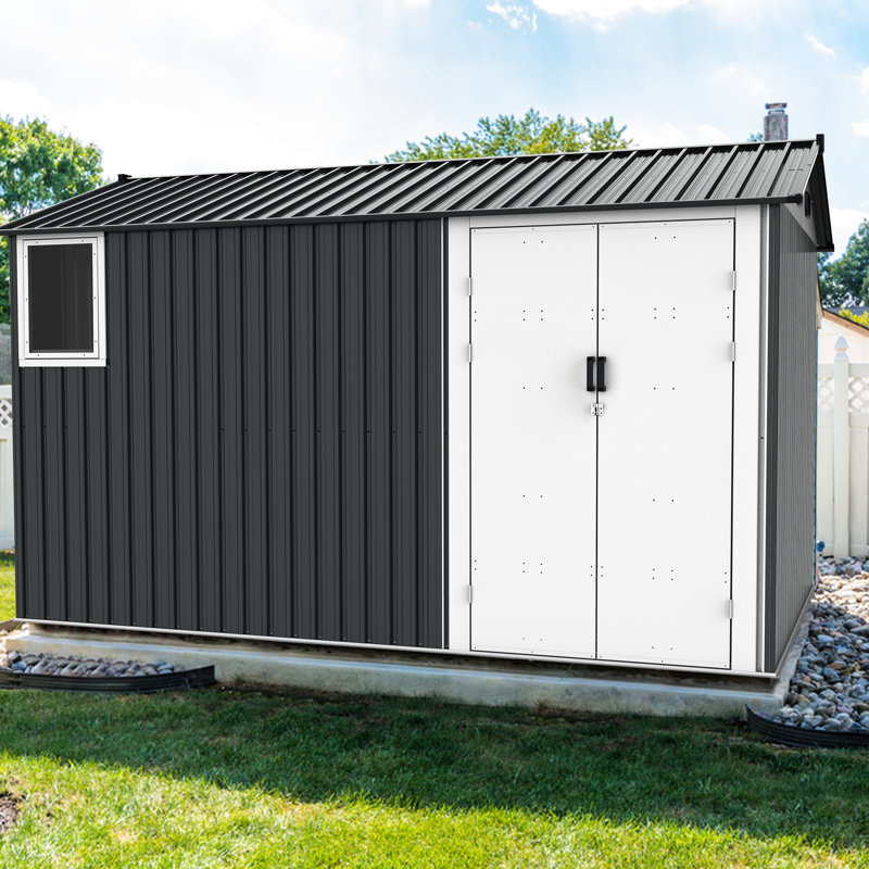 Remise en métal améliorée 8 pi x 12 pi avec plancher et ventilation - Toit renforcé à porte d'extérieur sécurisée gris foncé