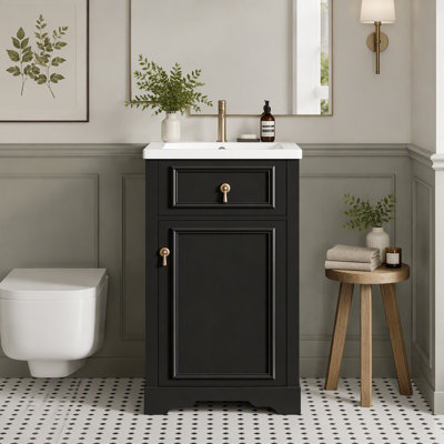 Meuble-lavabo en bois véritable et panneau de fibres à densité moyenne de 20 pouces - lavabo en céramique / porte à fermeture en douceur, tablette réglable / support de porte et protection contre le débordement, idéal pour les salles de bain petites et étroites