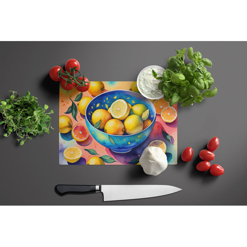 Grande planche à découper en verre avec citrons colorés