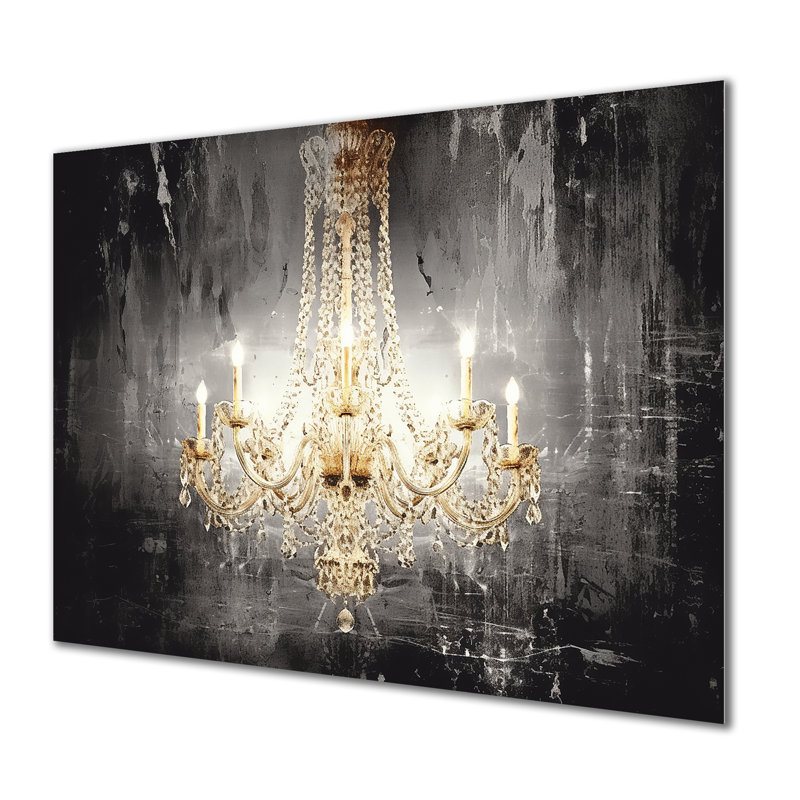 Golden Chandelier Shining Through The Darkness I - Glam Chandelier Wall Art Print, 30" H x 40" W x 1.5" D, No Framed Metal