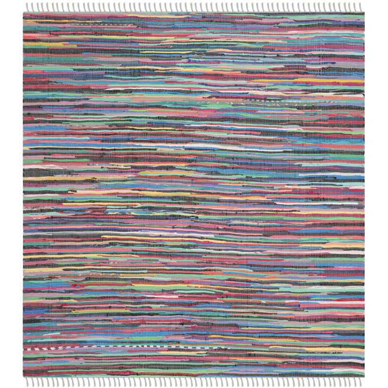 Tapis rayé en coton tissé à la main Mireia, Carré 6 pi