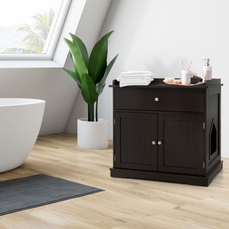 Brown Wooden Cat Litter Box Enclosure with Drawer and Side Table