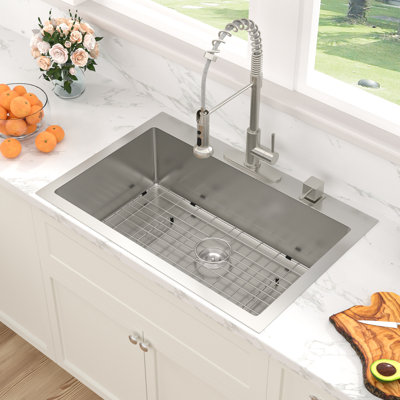 33" L x 22" W Wide Side Single Bowl Stainless Steel Drop-In Kitchen Sink with Accessories