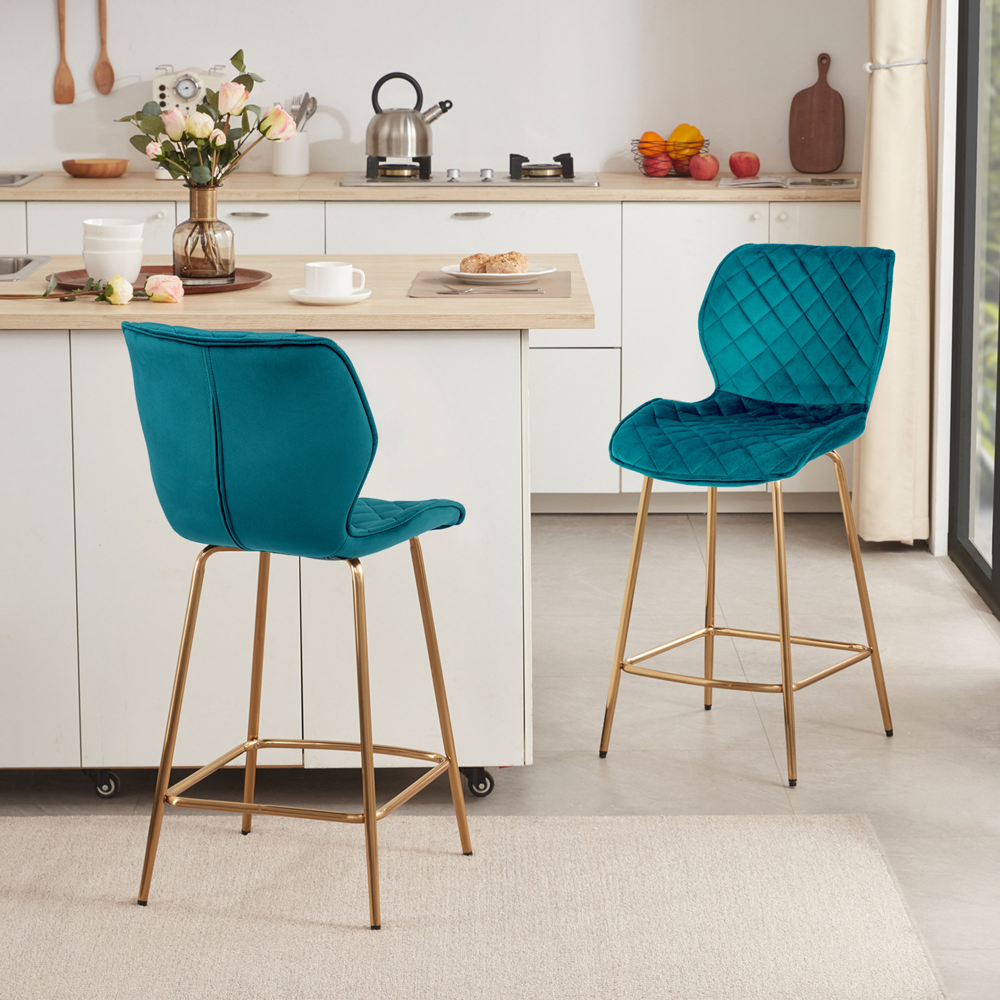 Hulda Ergonomic Bar Stools with Padded Seats and Stylish Gold Legs