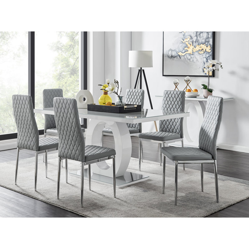 Scottsmoor High Gloss Halo Dining Table Set & 6 Luxury Faux Leather Dining Chairs - Modern Design, Grey, Silver