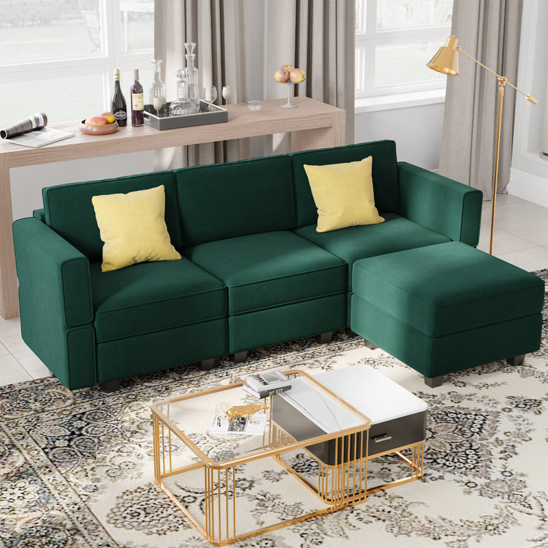 Nakash L-Shaped Sectional Modular Sofa with Storage Ottoman, Green Velvet