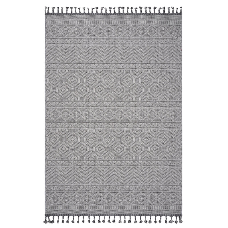 Tapis blanc à motif géométrique 4 x 6 Loom & Collection - résistant à l'usure, pour les salles à manger intérieures / extérieures