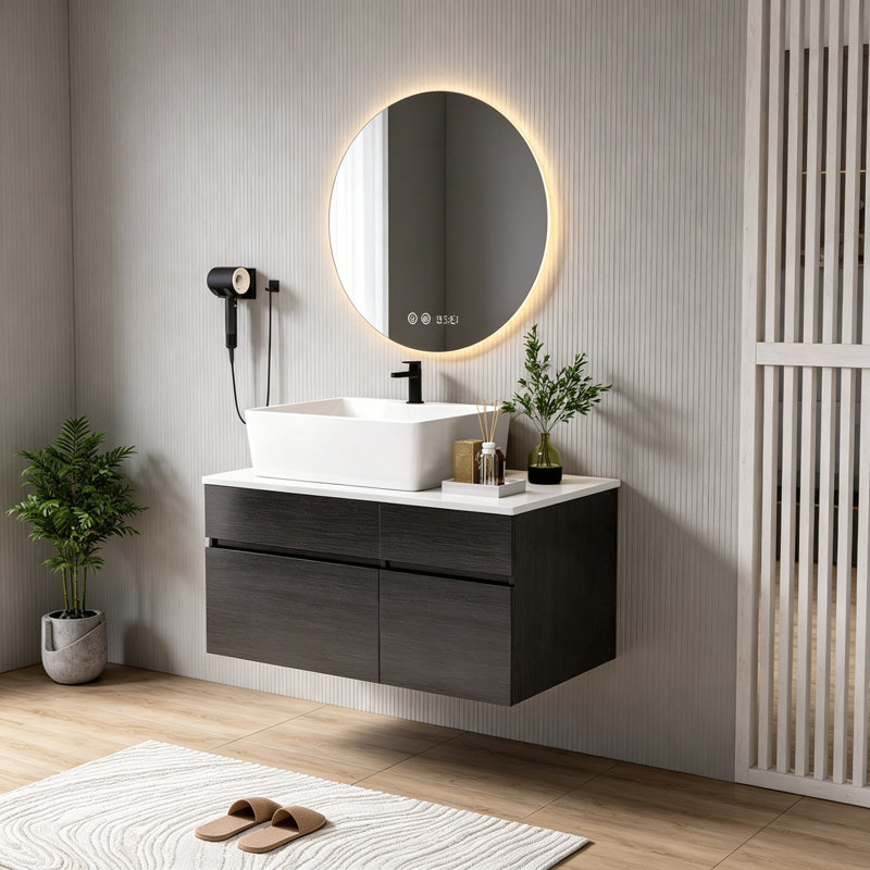 Meuble-lavabo flottant avec lavabo, 2 armoires et 1 tiroir, Black