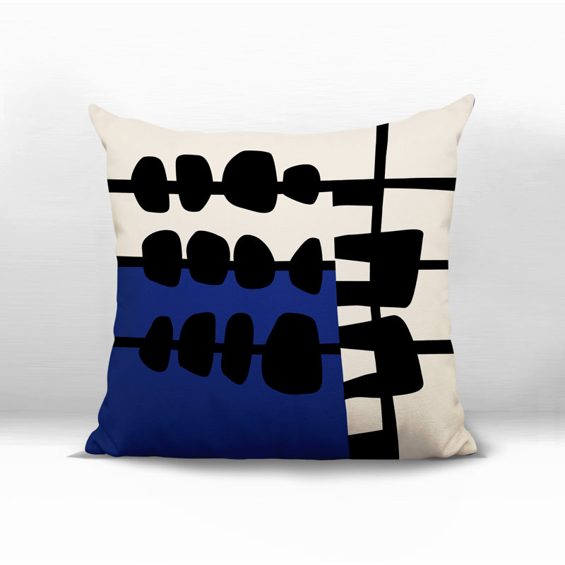 Oreiller carré réversible intérieur / extérieur Dola, Bleu marine / noir / blanc cassé abstrait, H 15 po x l 15 po