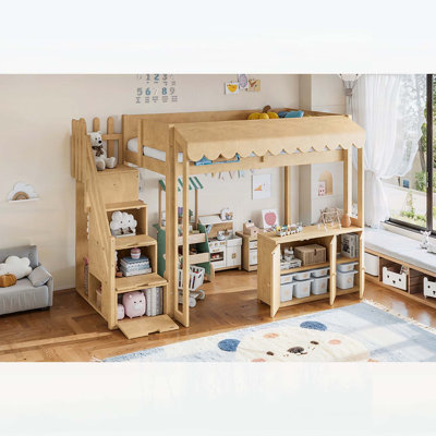 Lit mezzanine simple au-dessus de simple avec escalier de rangement, lit mezzanine pour enfants en bois massif avec comptoir de dépanneur, espace sous le lit convertible pour dormir ou jouer. Naturel
