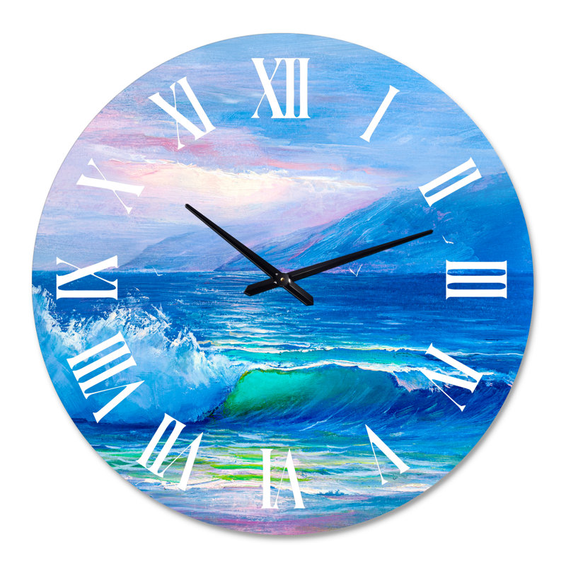 Vagues bleues se brisant à la plage II - horloge murale nautique et côtière, Surdimensionné