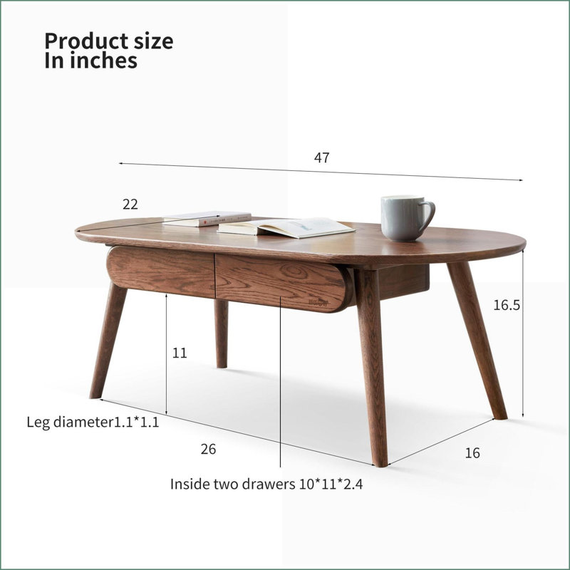 Table basse en bois de chêne massif naturel avec 2 tiroirs de rangement, conception ovale moderne pour le salon, assemblage facile