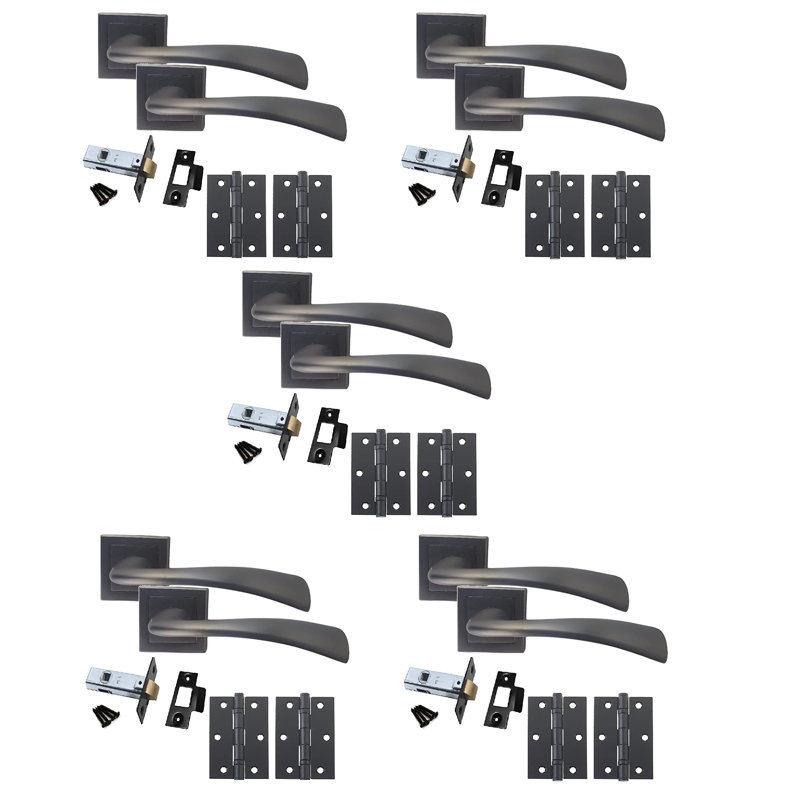  5 Set Scimitar Design Door Handles in Matt Satin Black Finish on Square Rose with 1 Pair of Ball Bearing Hinges and 64mm Tubular Latch