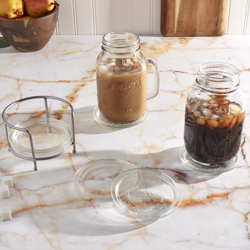Clear Glass 7 Piece Coaster Set with Metal Holder